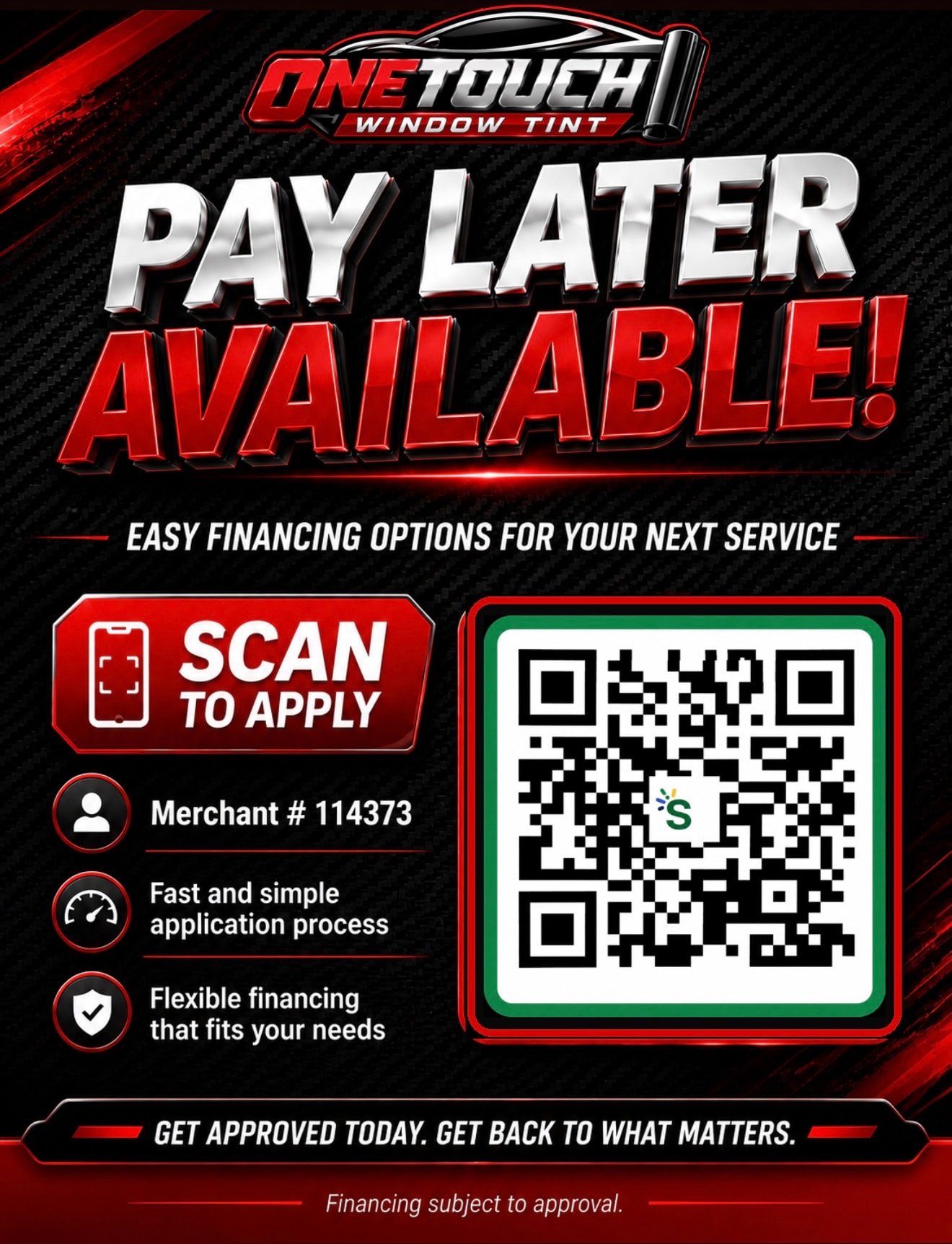 OneTouch Pay Later Available financing application graphic with QR code